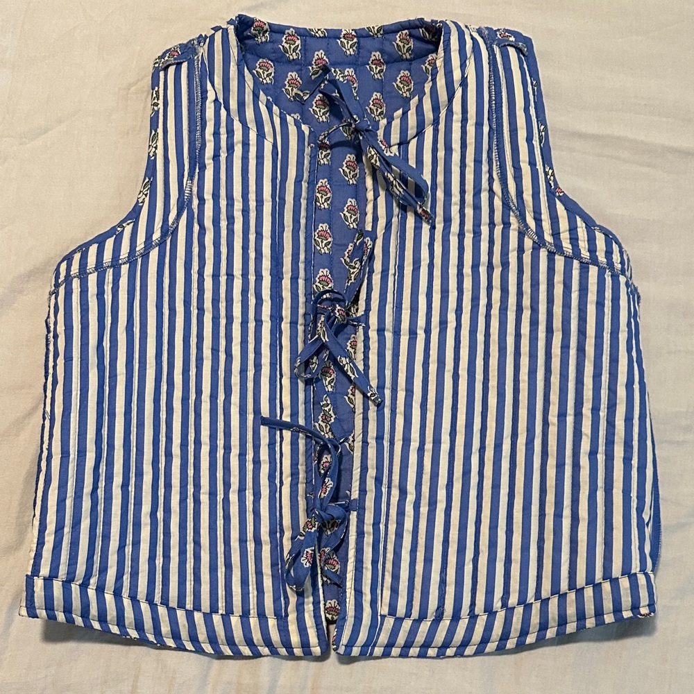 Blue Floral Quilted Vest - Women's Sleeveless Jacket - Picture 8 of 12